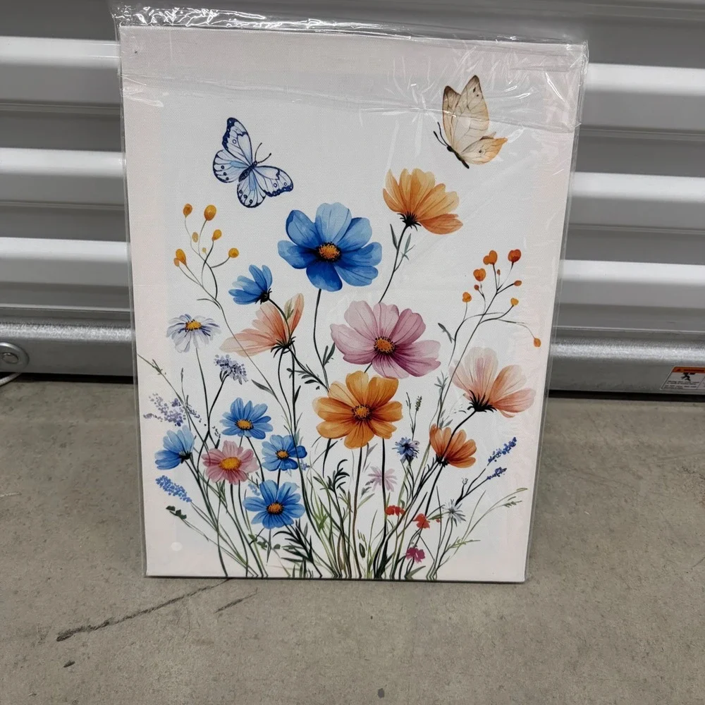 Floral Wildflower Canvas Wall Art Blue Orange Pink Flowers Butterflies 12x16